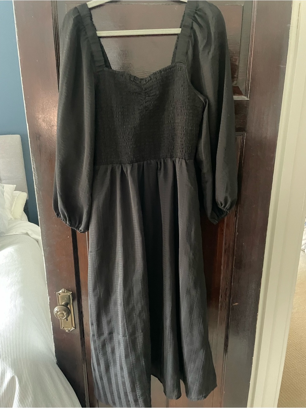Madewell Black Smocked Bodice Midi Dress with Puff Sleeves